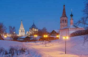 Winter landscape in the old Russian town Suzdal. - obrazy, fototapety, plakaty