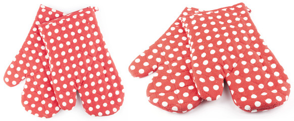 set of red kitchen gloves on white dots. isolated.