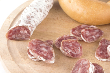 close up of Spanish sausage bread cherry tomatoes red pepper