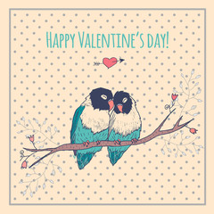 Happy Valentines day card with love birds and background pattern