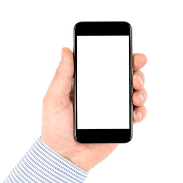 Hand holding smartphone with blank screen