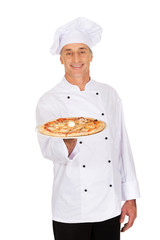 Chef baker with italian pizza