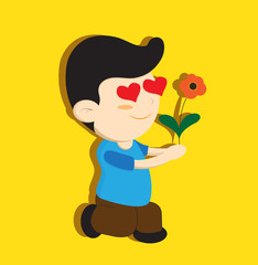 Boy in love with flower.