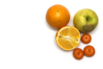 Apples, oranges and tangerines. Fruits. Photo.