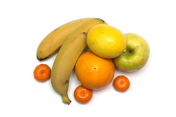 Fruits - banana, apple, orange, lemon and tangerine. Photo.