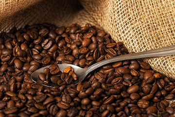Coffee beans and spoon in a sack