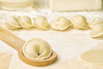 Homemade meat dumplings on a wooden board, Russian traditional f