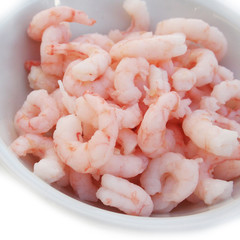 gamberetti lessati su ciotola_ sfondo bianco