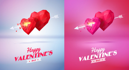 Two red origami heart   pierced by an arrow. Vector Low-poly