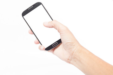 mobile phone in male hand on a white background