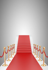 Staircase and red carpet between two gold stanchions with rope