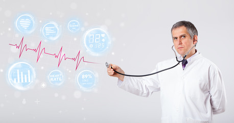 Doctor examinating modern heartbeat graphics