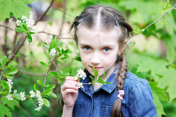 Kid girl in blooming apple tree garden