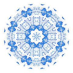 Round blue floral ornament in the Russian traditional style isol