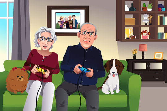 Elderly couple playing games at home