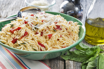 Orzo pasta with roasted red peppers and basil