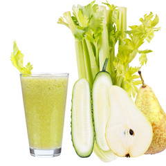 Cucumber, pear and celery juice, isolated on white background
