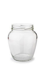A paunchy open empty glass jar isolated on white background