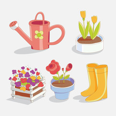 Garden tools and flowers in the pots