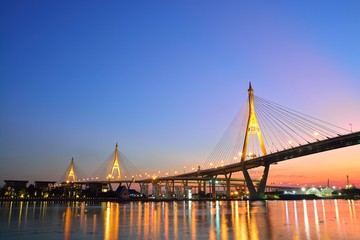 Fototapeta na wymiar Bhumibol Mega Bridge (Industrial Ring Mega Bridge) at night, Ban