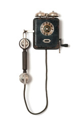 Black old wall telephone on white background