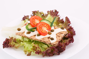 Cracker with fresh vegetables and cream