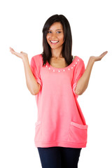 Woman making a scale with her arms wide open