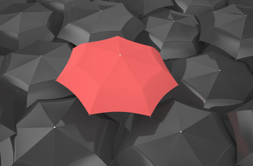 red umbrella among black umbrellas