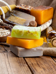 honey handmade soap, on wooden background