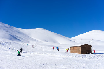 Aerial View of skiers at Ski Resort Falakro, in Greece.