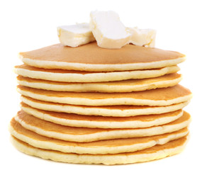 Stack of delicious pancakes with butter isolated on white