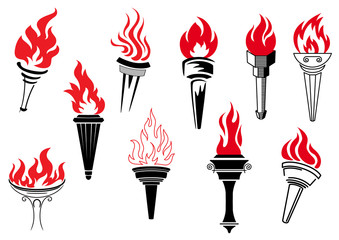 Vintage torches with burning flames