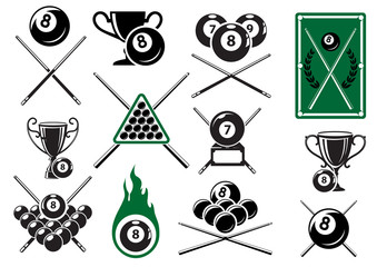Billiard, pool and snooker sports emblems - obrazy, fototapety, plakaty