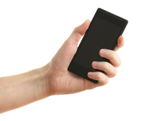 Hand holding mobile smart phone, isolated on white