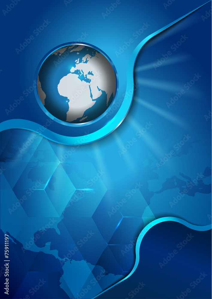 Poster abstract vector blue background with continents and globe