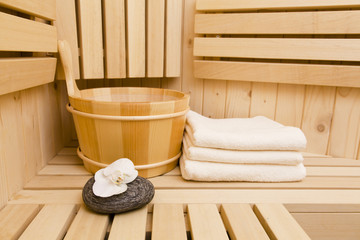 Fototapeta na wymiar Spa and wellness items in sauna