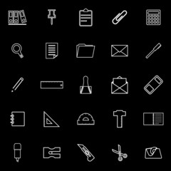 Stationery line icons on black background