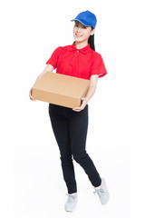 delivery woman carrying cardboard box