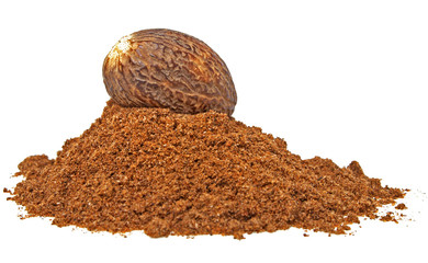 Nutmeg and its powder isolated on a white background