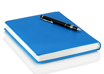 Leather notebook and pen isolated on the white