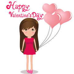 Cute girl Happy Valentine' s Day holding balloons heart.
