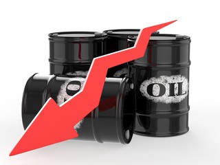 Oil Barrels with Red Arrow down. Financial crisis