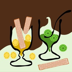 Two glasses with fruit and cream in vintage style