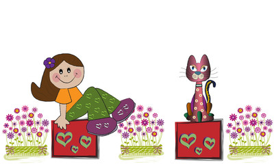 Niña, gato y flores.