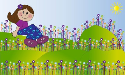 Campo con flores y niña.