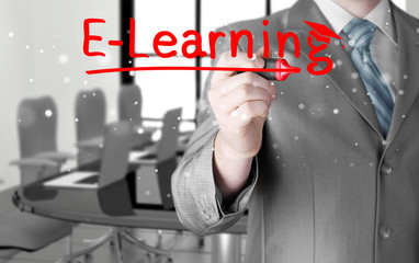 business man writing e-learning concept