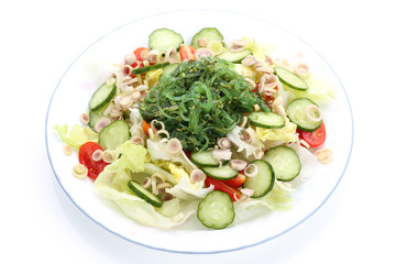 wakame seaweed salad on white background