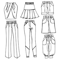 Outline Sketchy clothing.Females skirts,trousers set