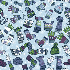 Knitted clothing accessories seamless pattern.Colored Sketchy