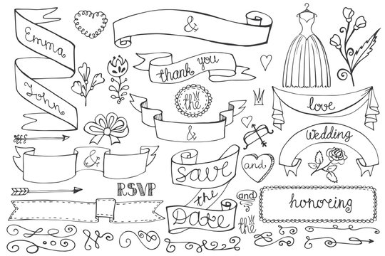 Doodle bridal shower ribbons,border,decor elements set